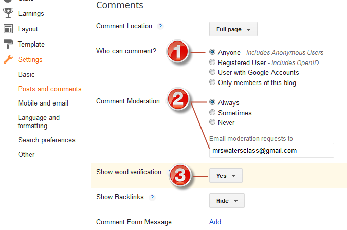 Comment settings
