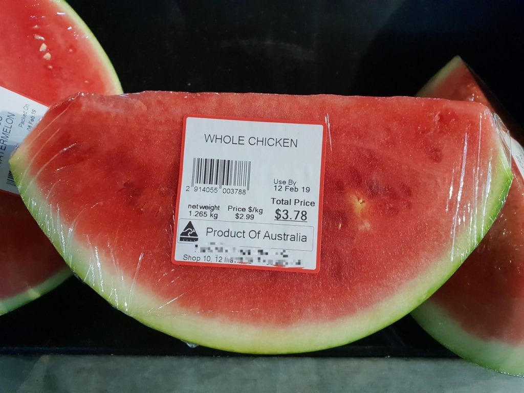 Photo of watermelon with a label that says chicken