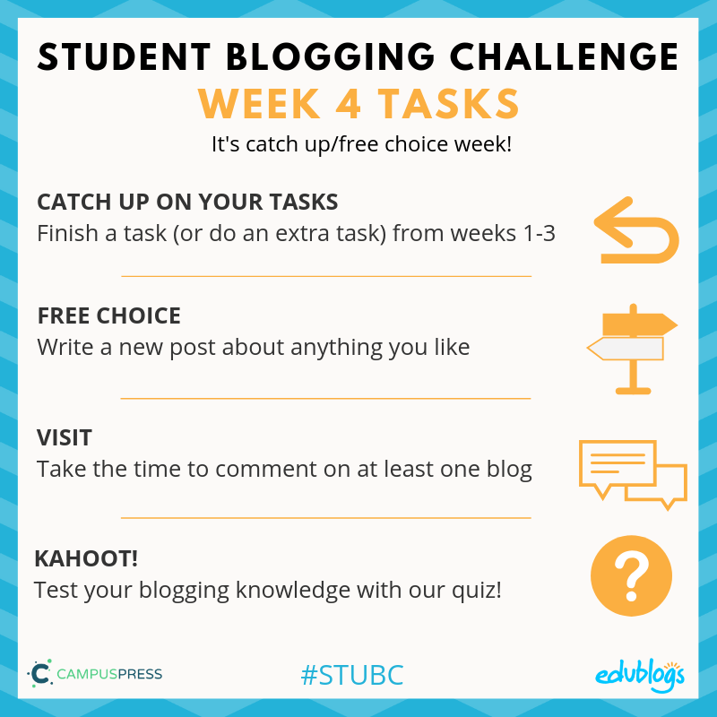 Week four of the Student Blogging Challenge allows you to catch up or write a free choice post. 